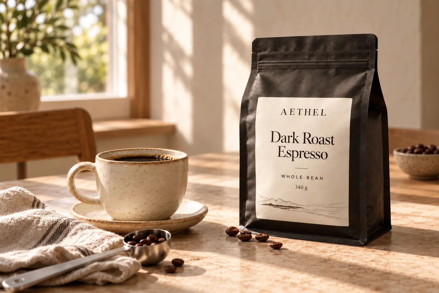 AETHEL Dark Roast Espresso beans beside a freshly brewed coffee